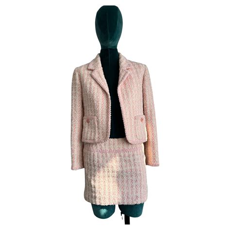 chanel boutique pink & green plaid blazer|Chanel pink tweed suit.